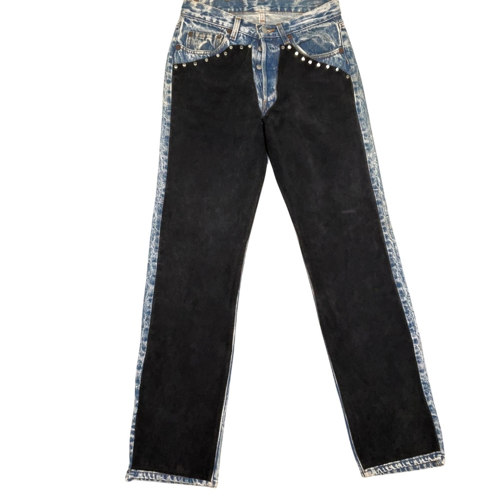 Custom Levis 501 Jeans  29W 32L Blue Acid Wash Custom Suede Chaps‎ Stud  USA VTG